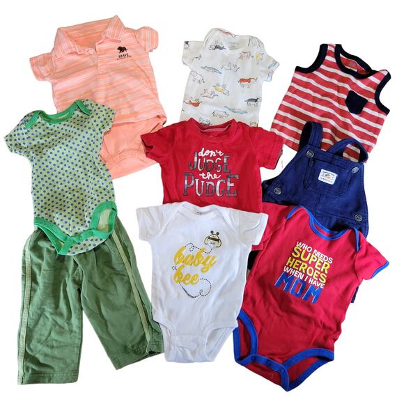 Lot of 9 Baby Boy Clothes 6M One Piece Bodysuits Pants Overalls Graphic Tees - Picture 1 of 16